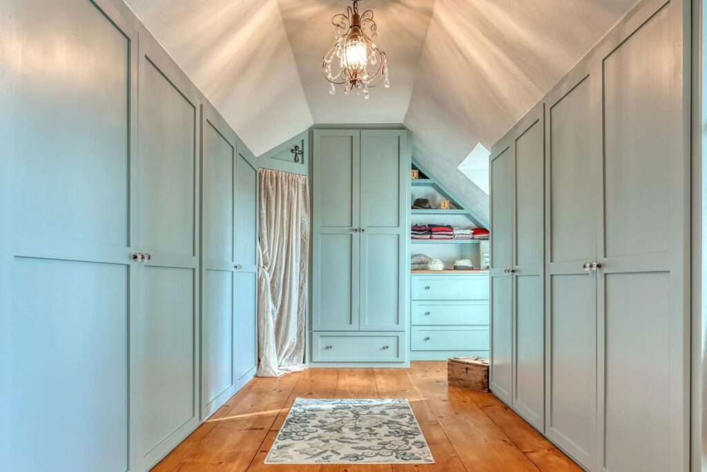 light bright rooms, seafoam green walk in closet