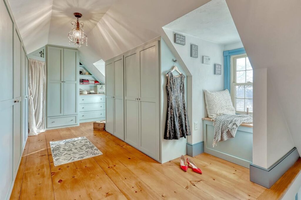 light bright rooms, seafoam green walk in closet with window seat