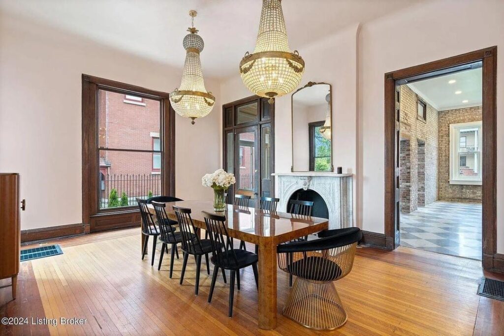 light bright rooms, vintage sun-filled dining room with high celinings and crystal chandeliers