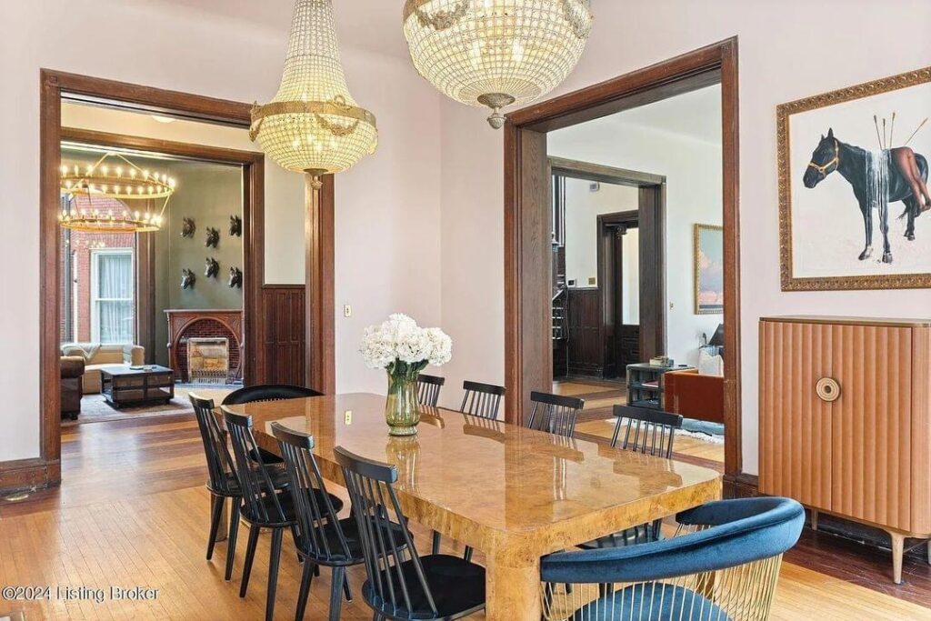 light bright rooms, vintage sun-filled dining room with high celinings and crystal chandeliers