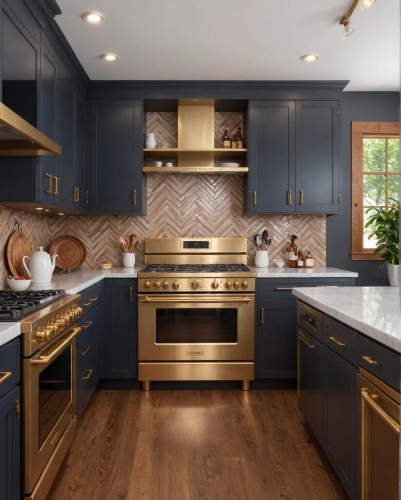 light bright rooms, navy blue kitchen cabinets with gold stove and range hood