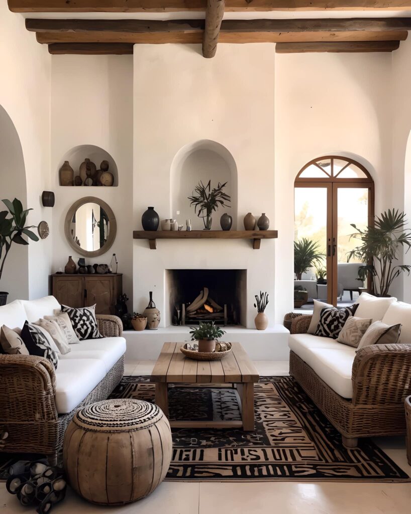 light bright rooms, white walls with vaulted ceilings and spanish architecture, white fireplace with natural wood detailing