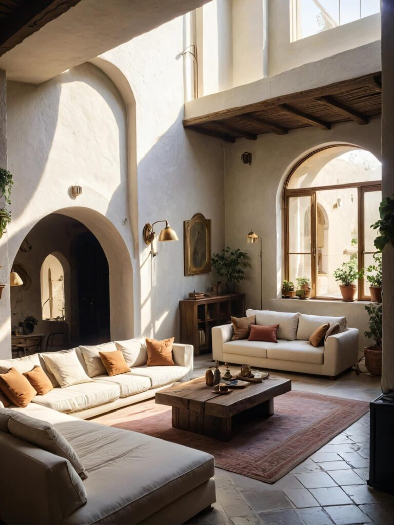 light bright rooms, white walls with vaulted ceilings and spanish architecture, white fireplace with natural wood detailing