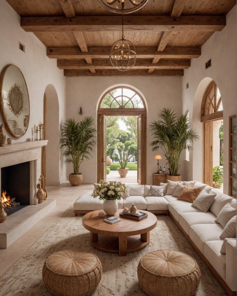 light bright rooms, white walls with vaulted ceilings and spanish architecture, white fireplace with natural wood detailing