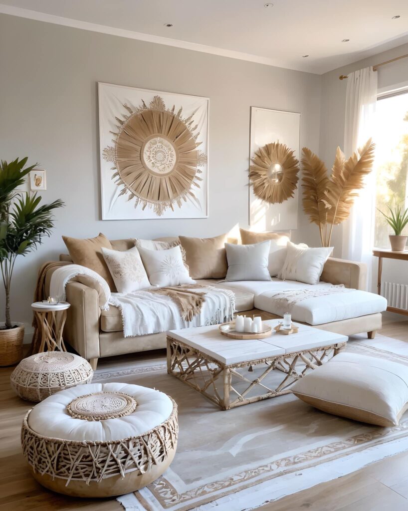 light bright rooms, white walls with vaulted celinings and textured art with white sofas and natural wood tables