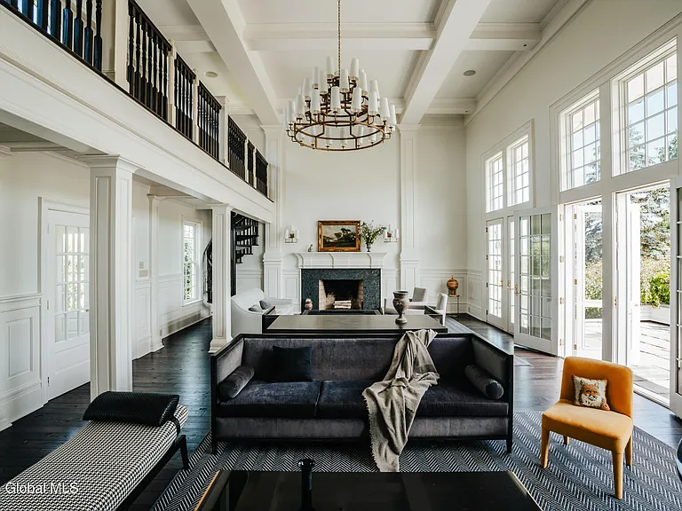 Valatie NY Equestrian Estate, living room with vaulted ceilings and black-and-white motif