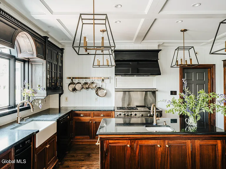 Valatie NY Equestrian Estate, modern industrial kitchen with stainless steel appliances and black detailing