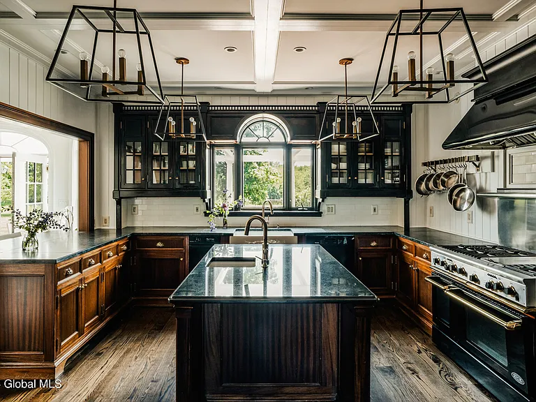 Valatie NY Equestrian Estate, modern industrial kitchen with stainless steel appliances and black detailing