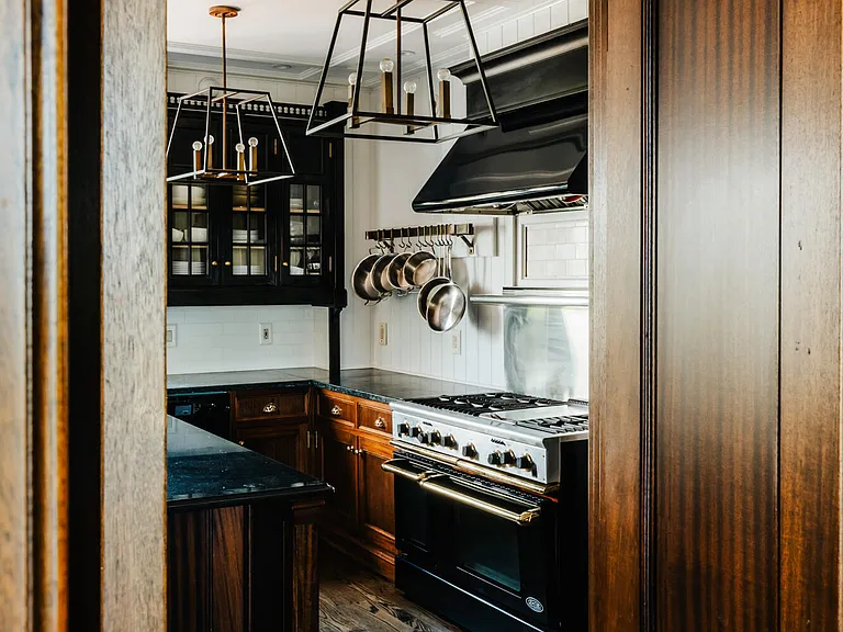 Valatie NY Equestrian Estate, modern industrial kitchen with stainless steel appliances and black detailing