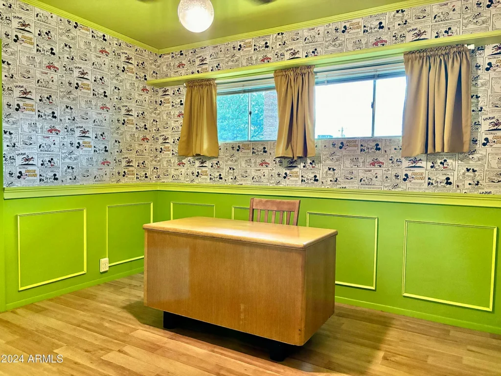 1950s suburban family life home, phoenix arizona 1957 ranch style home with high master bedroom windows and lace coverlets