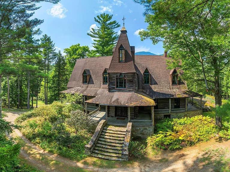 Keene Valley NY house with wood walls and ceilings and log cabin exterior