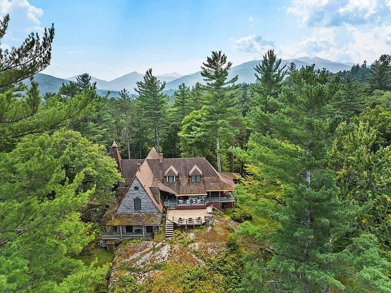 Keene Valley NY house with wood walls and ceilings and log cabin exterior