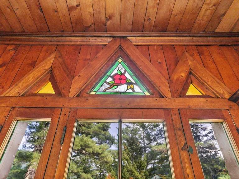 Keene Valley NY house with wood walls and ceilings and log cabin exterior with built in church and prayer space