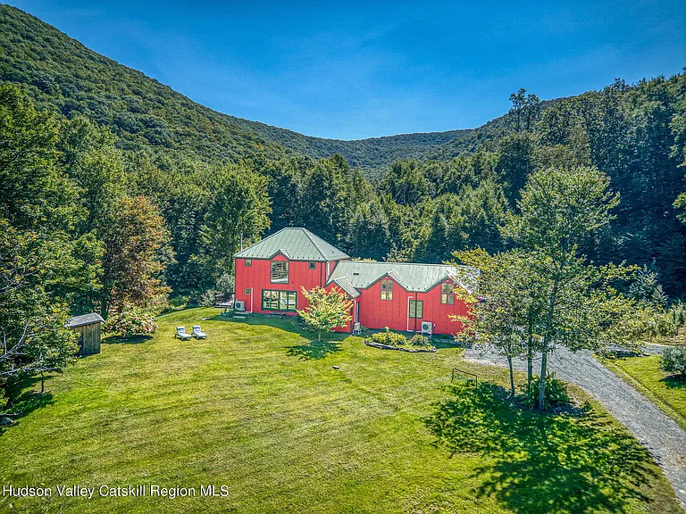 shandaken ny estate set on 35 private acres overlooking the catskill mountains, red painted exterior with green metal roof