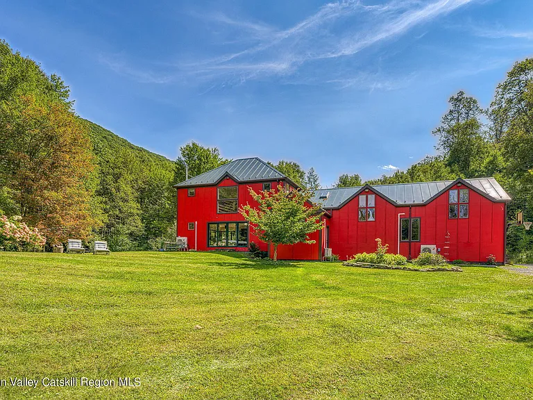 shandaken ny estate set on 35 private acres overlooking the catskill mountains, red painted exterior with green metal roof