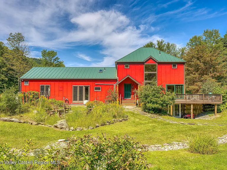 shandaken ny estate set on 35 private acres overlooking the catskill mountains, red painted exterior with green metal roof