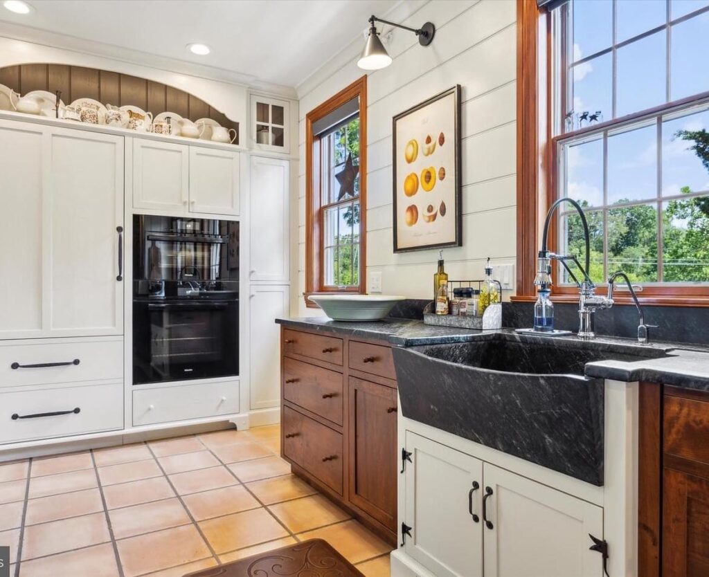 light bright rooms, black and white modern neutral kitchen with classic natural wood trim