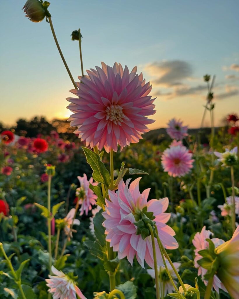 dahlia varieties, soft pink dahlias at sunset