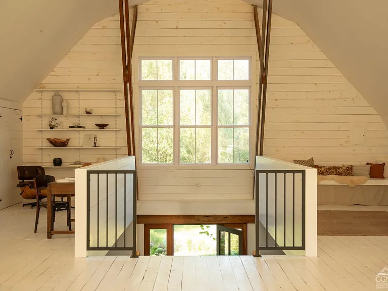 converted dairy barn in accord ny, modern country staircase with natural light and vaulted ceilings