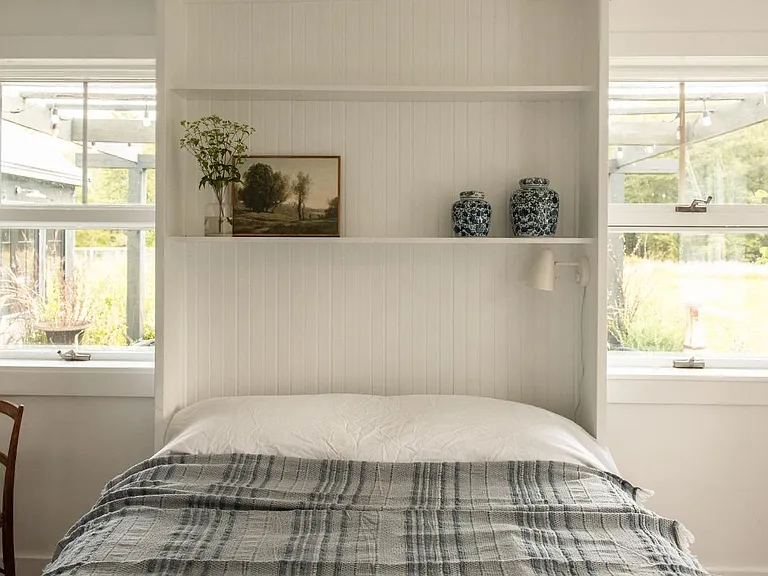 converted dairy barn in accord ny, modern country bedroom with built-ins and natural light