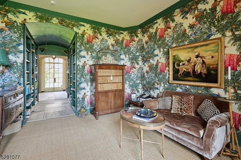 massive NJ castle in chester township listed for $4 million, french country interior with floral print wallpaper and original details