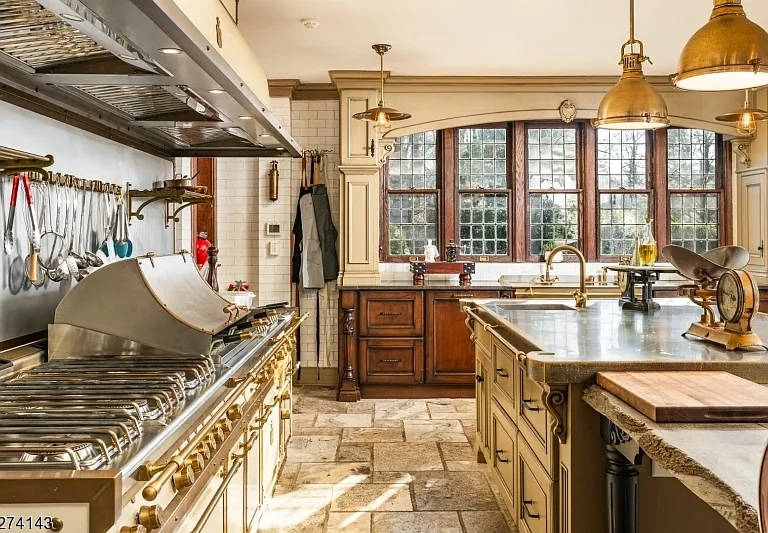 tudor style castle in NJ, antique kitchen with modern appliances