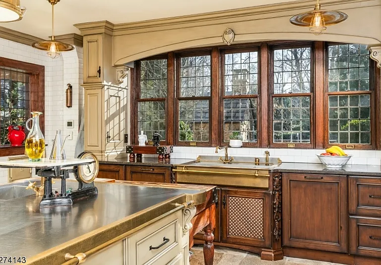 tudor style castle in NJ, modern kitchen with vintage details at glynallyn castle in morris township new jersey