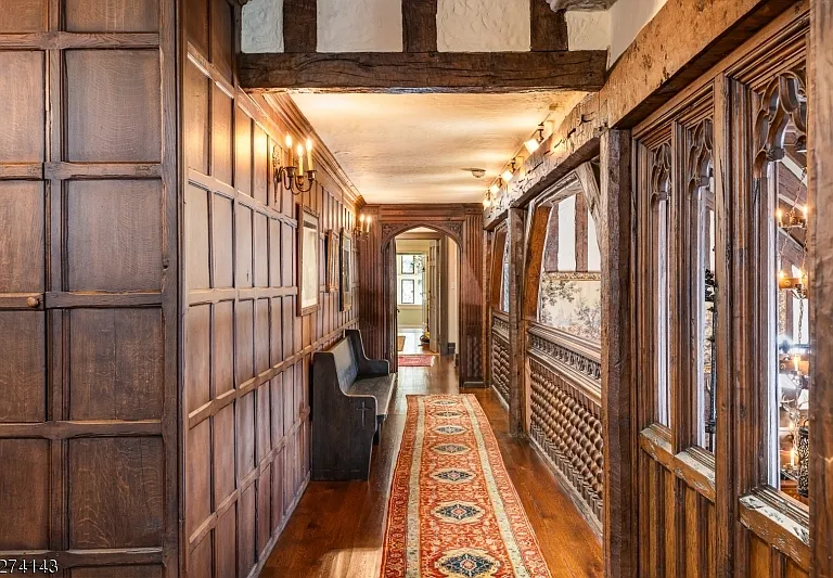 tudor style castle in NJ, antique dark wood french doors