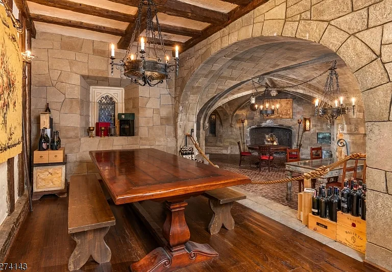 tudor style castle in NJ, antique stone underground speakeasy and pizza oven kitchen