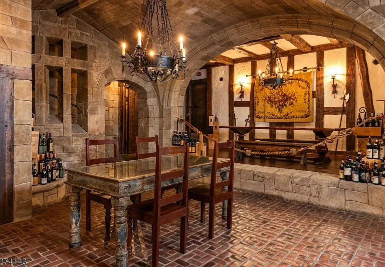 tudor style castle in NJ, antique stone underground wine cellar with pizza oven