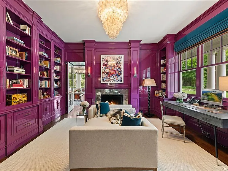 Westchester Mansion, interior of Happy Hill Farms in Bedford Corners New York with a massive purple room and home office