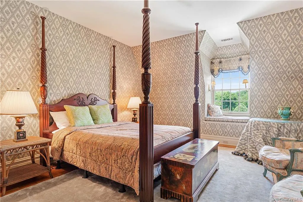 eclectic castle in new york, interior of the Salutation Castle replica with english countryside bedrooms and floral wallpaper