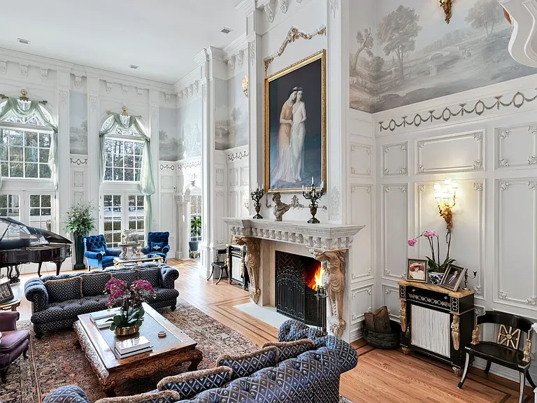 maximalist NJ mansion, 12 The Esplanade in Alpine New Jersey interior marble fireplace and living room