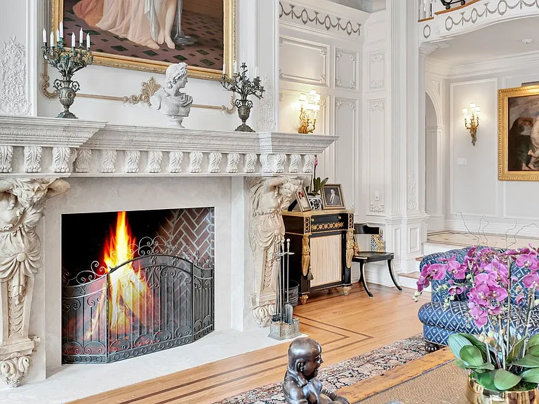 maximalist NJ mansion, 12 The Esplanade in Alpine New Jersey interior marble fireplace and living room