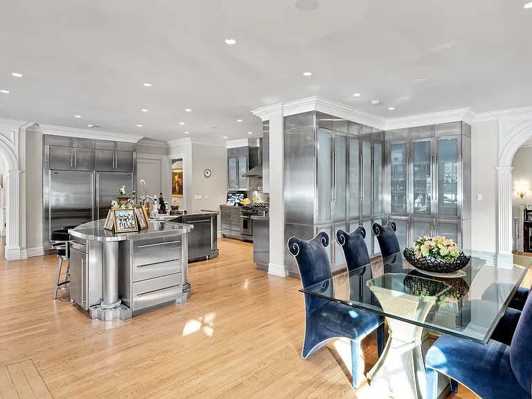 maximalist NJ mansion, 12 The Esplanade in Alpine New Jersey interior stainless steel and silver accent kitchen