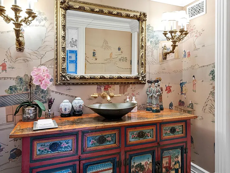 maximalist NJ mansion, 12 The Esplanade in Alpine New Jersey interior tuscan powder room