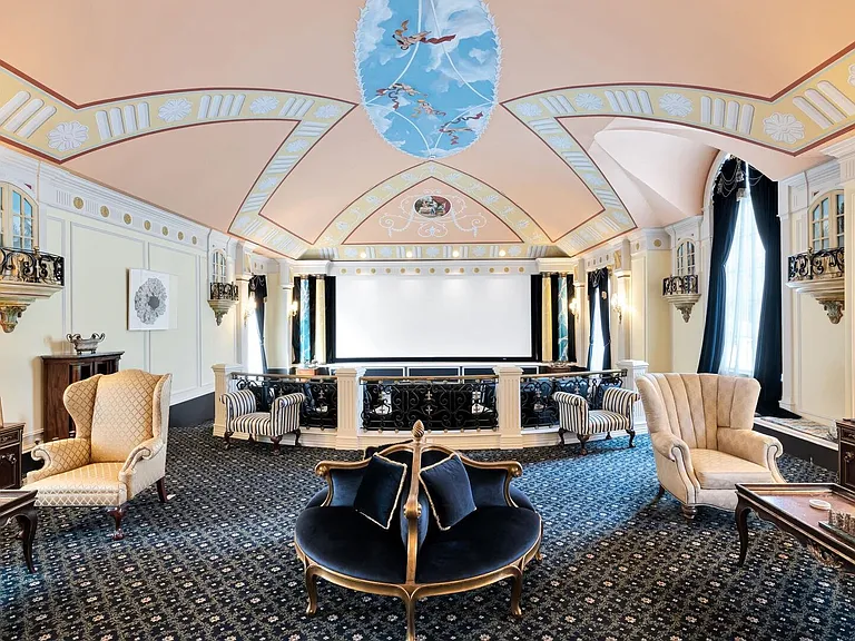 maximalist NJ mansion, 12 The Esplanade in Alpine New Jersey interior home theater room