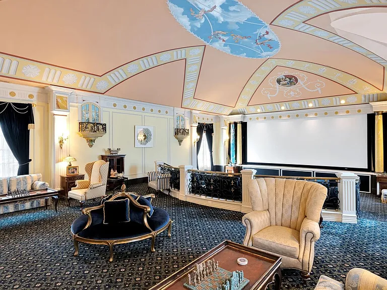 maximalist NJ mansion, 12 The Esplanade in Alpine New Jersey interior home theater room