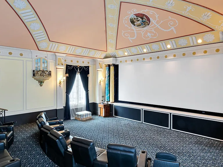 maximalist NJ mansion, 12 The Esplanade in Alpine New Jersey interior home theater room