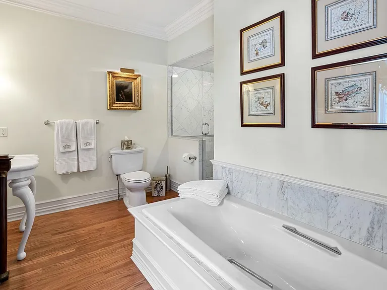 maximalist NJ mansion, 12 The Esplanade in Alpine New Jersey interior master bathroom with marble soaking tub