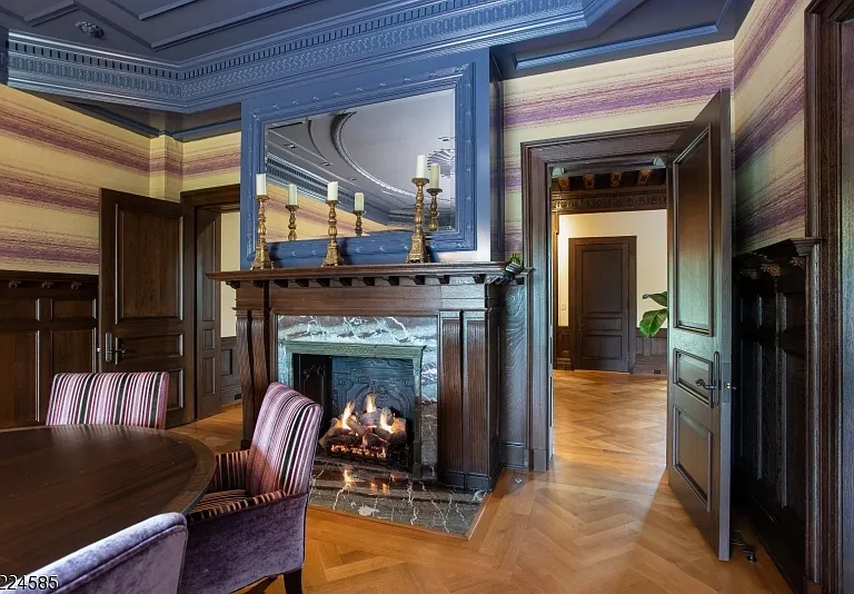 19th-Century Castle in New Jersey, exterior of a massive stone castle in Bernardsville NJ with a large dining room and hand-painted tray ceiling