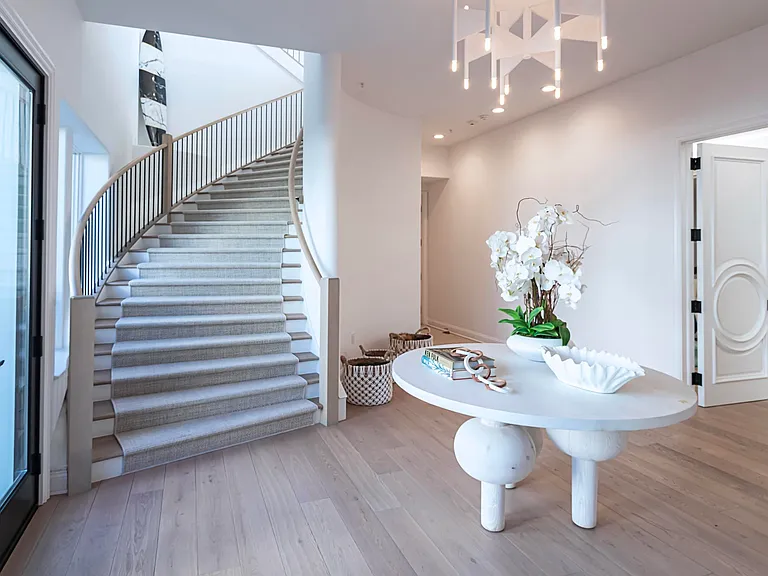 Jersey Shore Beachfront Mansion, beachy interior with marble curved stairs