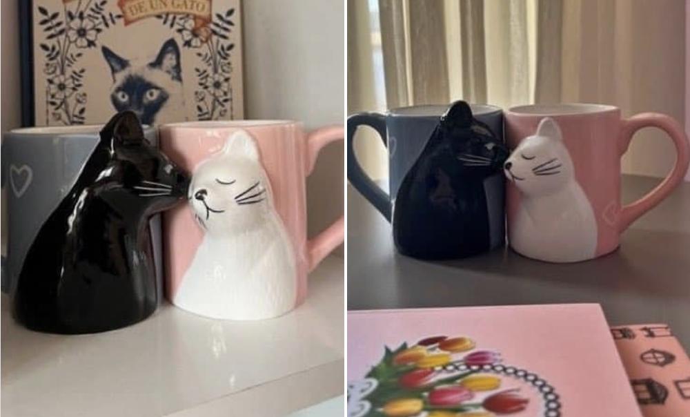 cat gifts for cat lovers, hugging and kissing cat mugs