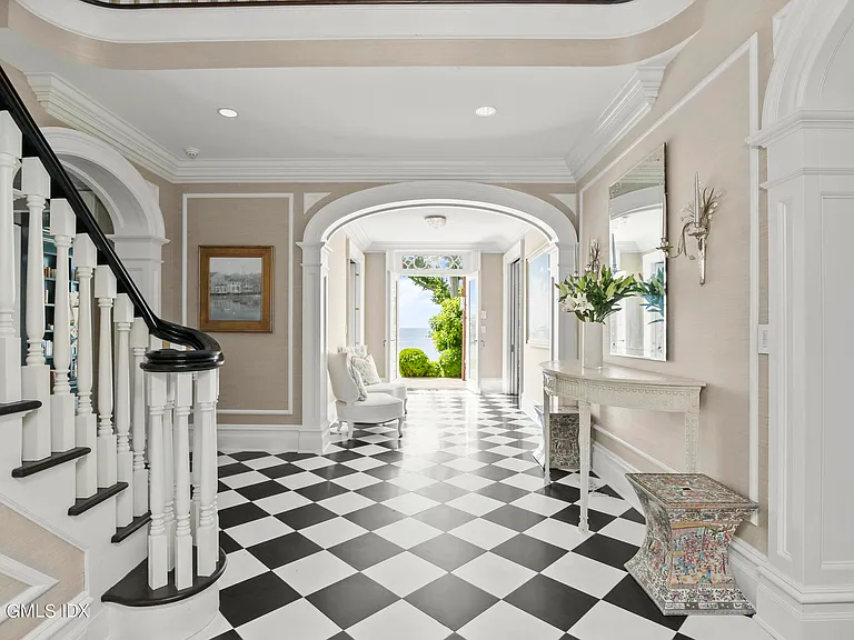 most expensive home in Connecticut, Greenwich mansion interior with checkered marble floors and natural wood