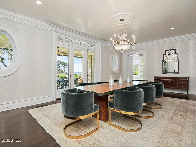 most expensive home in Connecticut, Greenwich mansion interior with modern classic interior dining room with velvet seating