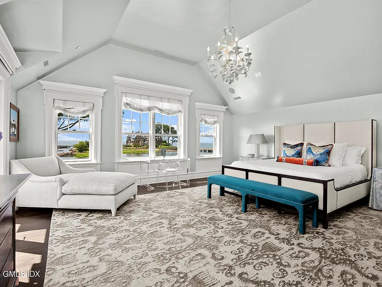 most expensive home in Connecticut, Greenwich mansion interior with modern classic interior with a massive master bedroom and vaulted ceilings overlooking the long island sound