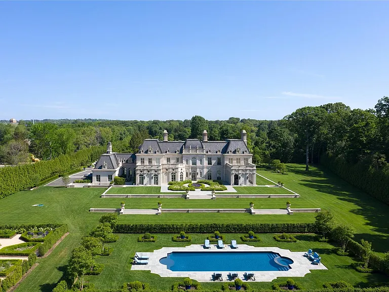 Maximalist Old Brookville Mansion in baroque style, exterior of 24 private road in old brookville in nassau county