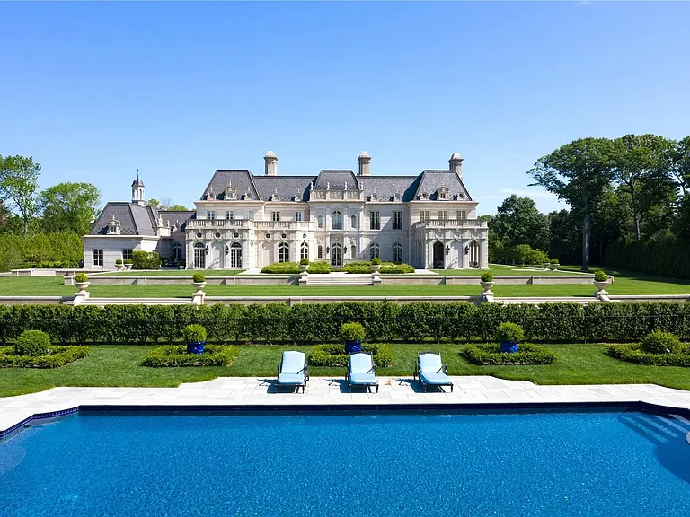 Maximalist Old Brookville Mansion in baroque style, exterior of 24 private road in old brookville in nassau county