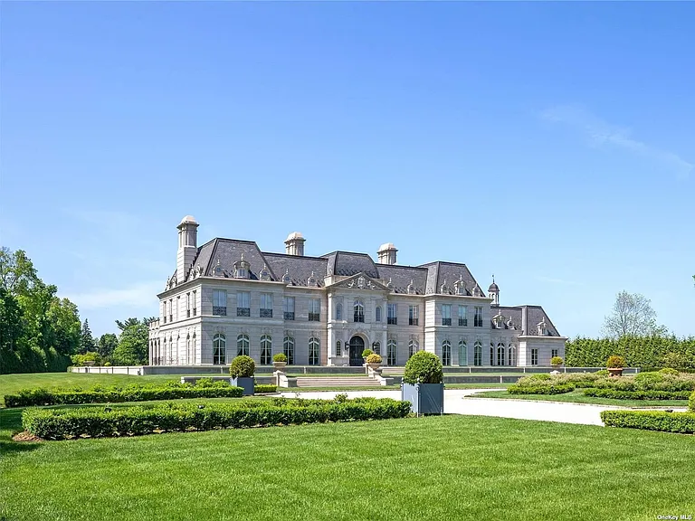 Maximalist Old Brookville Mansion in baroque style, exterior of 24 private road in old brookville in nassau county