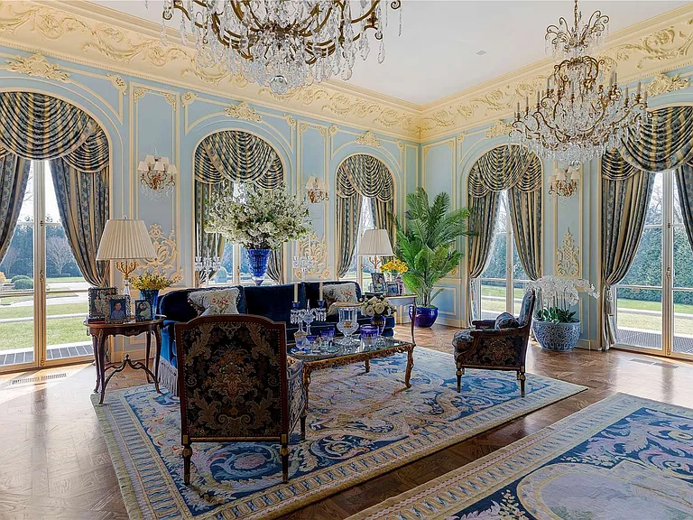 Maximalist Old Brookville Mansion in baroque style, interior of 24 private road in old brookville in nassau county baroque seating and dining area